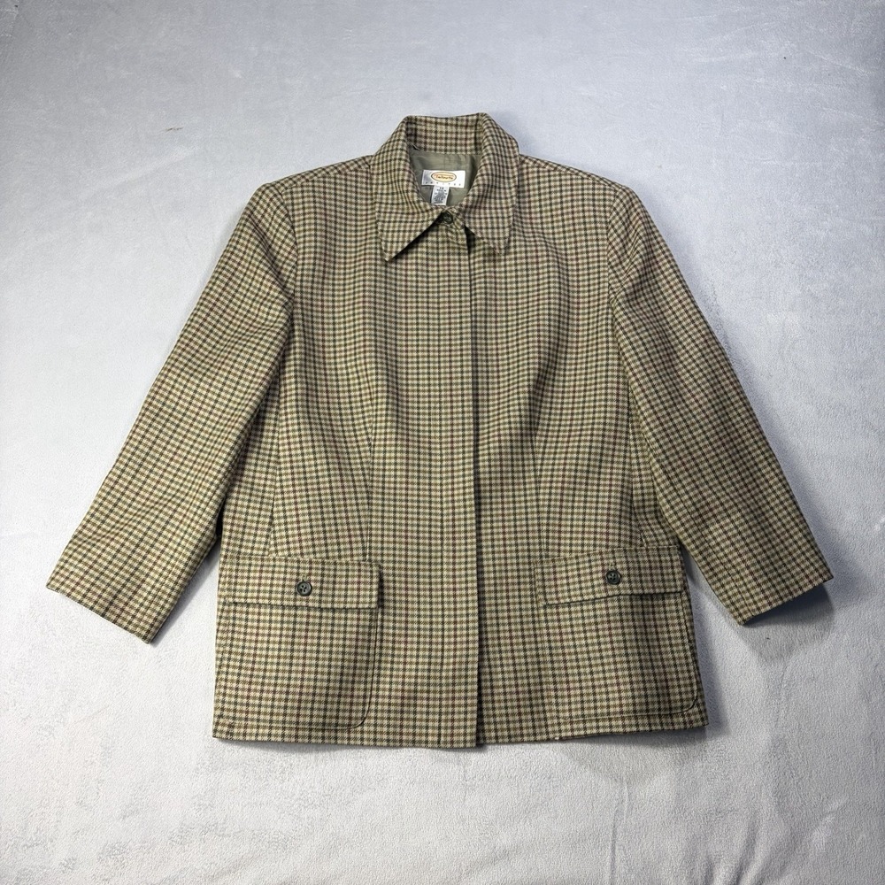 Talbots Womens Blazer Brown Houndstooth Sz 12 2-Button Wool Zip USA Made